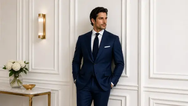 A man in a sharp, navy pinstriped tuxedo stands confidently, hands in pockets.