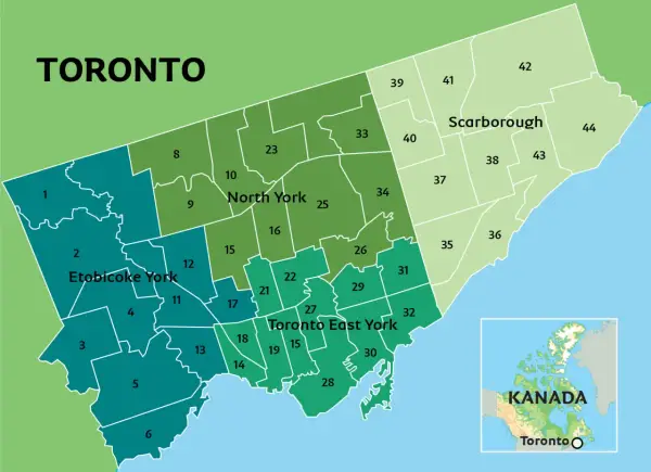 Mapa pokazuje, gdzie jest Toronto, podzielone na dzielnice: Etobicoke York, North York, Scarborough i Toronto East York.