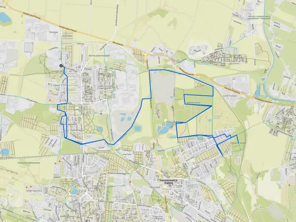 Mapa z zaznaczoną trasą rowerową w Siemianowicach Śląskich, prowadzącą przez parki i tereny zielone.