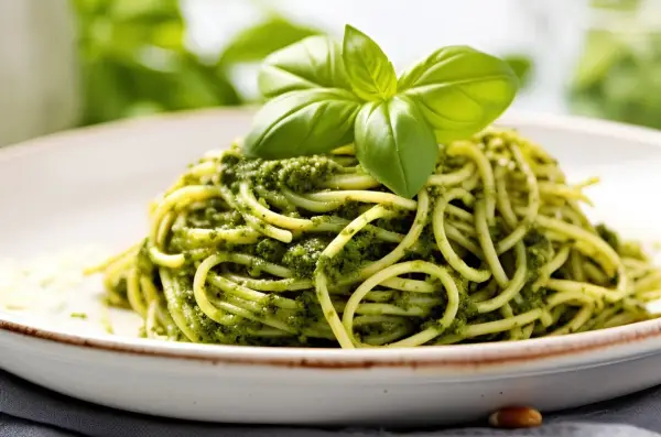 Porcja spaghetti z zielonym pesto, udekorowana listkami bazylii.