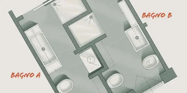 Progetto per ricavare due bagni adiacenti: Bagno A con vasca e lavabo, Bagno B con doccia, vasca e WC.