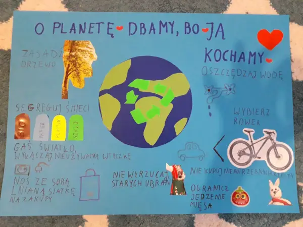 Plakat "Jak chronić środowisko" pokazuje, jak dbać o planetę: segreguj śmieci, oszczędzaj wodę, wybieraj rower.