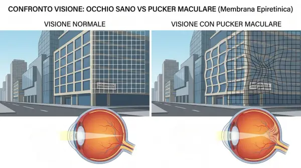 Confronto tra visione normale e pucker maculare, con illustrazioni di edifici e occhi. La terapia farmacologica è una delle opzioni.