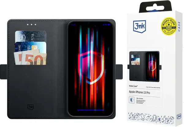 Czarne etui z klapką na iPhone 13 Pro, z miejscem na karty i banknoty. Idealne dla ceniących styl i bezpieczeństwo.