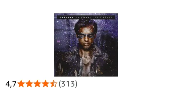 Pochette de l'album "Le Chant des Sirènes" d'Orelsan, avec le rappeur au regard intense, masqué, sous une pluie de paillettes.