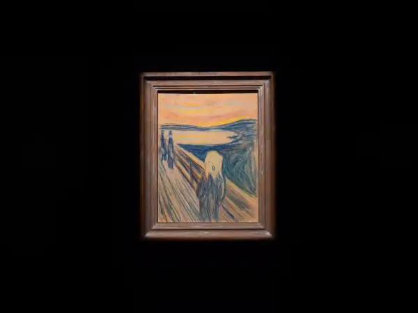 Edvard Munch najsłynniejsze obrazy: przerażona postać na moście krzyczy na tle krwawego nieba.
