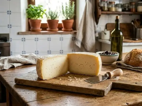 Formaggi a pasta cruda su tagliere rustico, con pane, olive e bottiglia di vino.