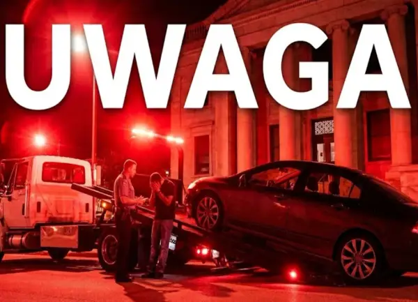 Policjant rozmawia ze zrozpaczonym kierowcą, gdy jego samochód jest ładowany na lawetę. Konfiskata samochodu w nocy, oświetlona czerwonymi światłami.