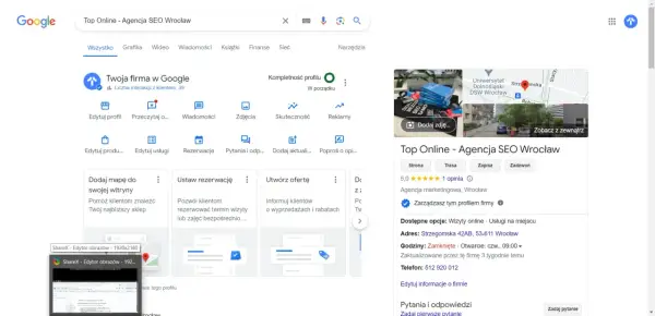 Wyniki wyszukiwania Google dla "Top Online - Agencja SEO Wrocław". Widoczny panel zarządzania firmą, opcje edycji profilu, dodawania ofert i zarządzania rezerwacjami.