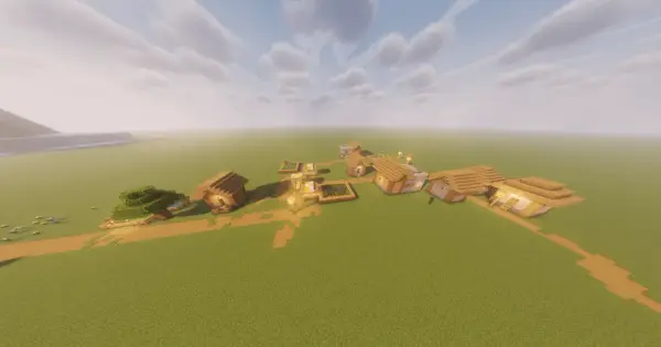 Wioska w Minecraft z drewnianymi domkami i polami uprawnymi. W tle widać wzgórza i wodę. To wszystko dzięki modowi ferrite core.