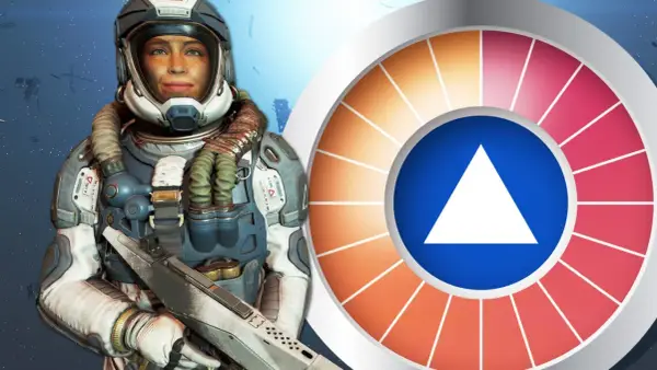 Astronautin mit Waffe, daneben ein Farbrad mit einem weißen Dreieck auf blauem Grund. Starfield News.