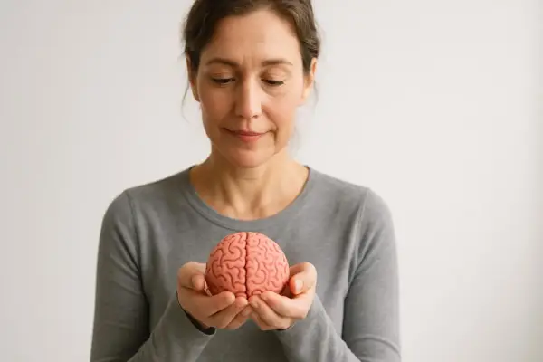 Donna con un modello di cervello tra le mani, simbolo della plasticità neuronale e del potenziale di apprendimento.
