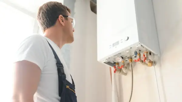 Technik w okularach ochronnych sprawdza instalację gazową. Wykonuje odpowietrzanie pieca gazowego, dbając o jego prawidłowe działanie.