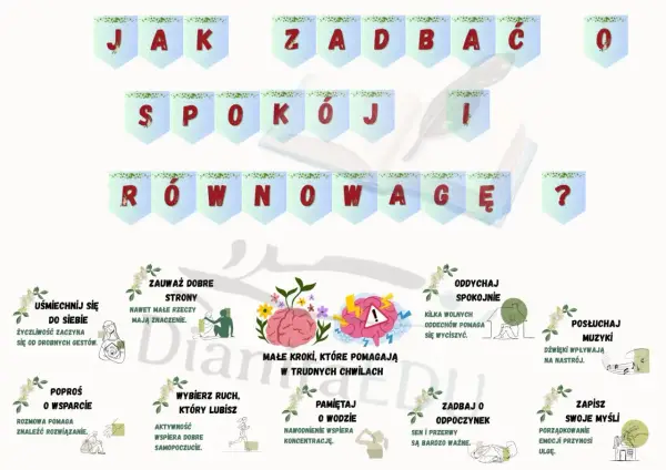 Jak zadbać o spokój i równowagę? Uśmiechaj się, zauważaj dobre strony, poproś o wsparcie, wybierz ruch, pamiętaj o wodzie, oddychaj spokojnie, posłuchaj muzyki, zadbaj o odpoczynek, zapisz myśli. To sposoby na stres.
