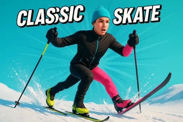 Ungdom åker skate-skidor, med texten "CLASSIC SKATE". En bra fråga är hur långa skidor man ska ha för att åka fort.