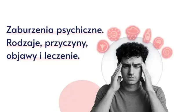 Mężczyzna z rękami na skroniach, wyrażający cierpienie. Wokół niego symbole, które mogą oznaczać objawy wytwórcze zaburzeń psychicznych.