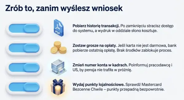 Przed zamknięciem konta w Alior Banku pobierz historię transakcji, ureguluj opłaty, zmień numer konta pracodawcy i wydaj punkty lojalnościowe.