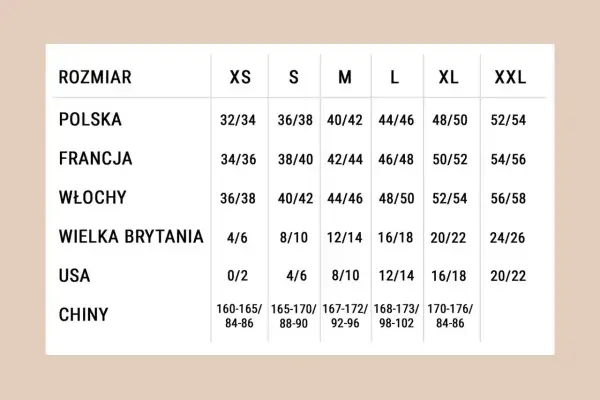Tabela rozmiarów od XS do XXL, porównująca wymiary polskie, francuskie, włoskie, brytyjskie, USA i chińskie.