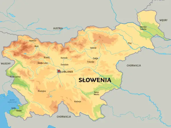 Mapa Słowenii, pokazująca jej położenie między Austrią, Włochami, Węgrami i Chorwacją, z zaznaczonymi miastami jak Lublana.