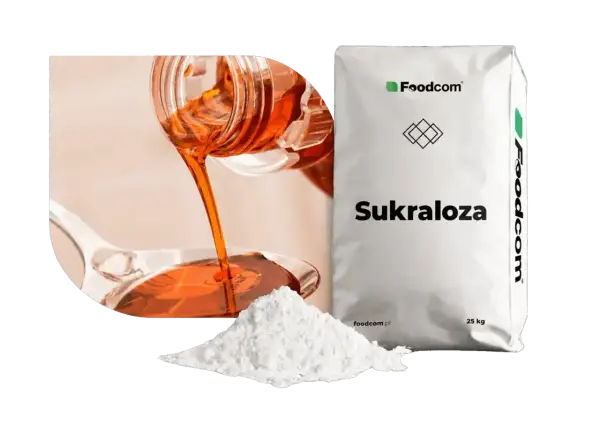 Słodzik sukraloza w proszku i płynie, obok białego worka z napisem "Sukraloza".