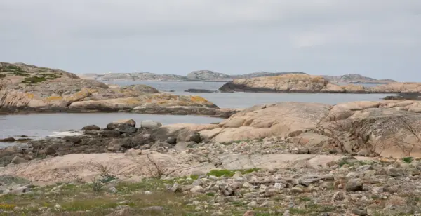 Klippiga öar och skär i havet, där tjurpannan leder vägen genom det karga landskapet.