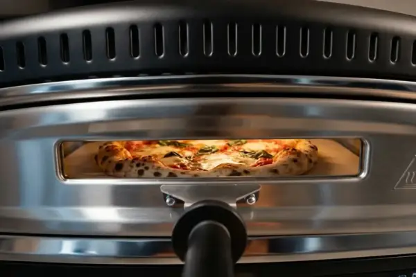 En perfekt vedugnsbakad pizza med bubblig kant och färska örter gräddas i en modern ugn.