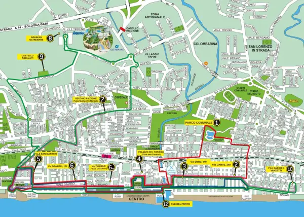 Percorso del trenino di Riccione: da Aquafan a P.le del Porto, passando per il Vecchio Riccione e il Parco Comunale.