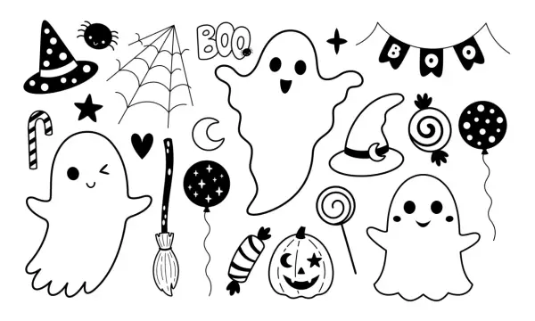 Collection d'éléments d'Halloween : fantômes joyeux, chapeaux de sorcière, citrouille, bonbons, balai, araignée, toile d'araignée. Parfait pour un inspi dessin facile.