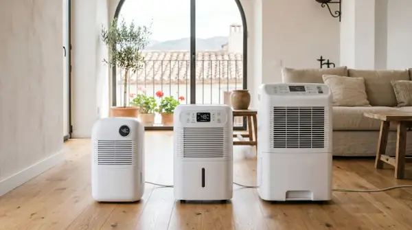 Tres deshumidificadores blancos en un suelo de madera. Uno de ellos muestra "48% Humidity", indicando que un deshumidificador enfria el ambiente.