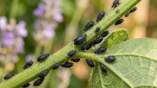Un essaim de pucerons noirs envahit une tige verte, certains sur une feuille de tomate.