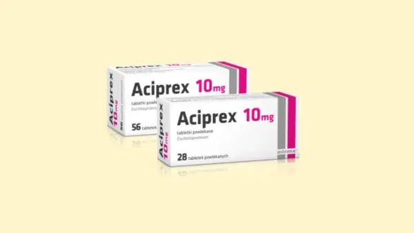 Opakowania leku Aciprex 10mg, zawierające tabletki powlekane z escitalopramem. Dostępne w wariantach po 28 i 56 sztuk.