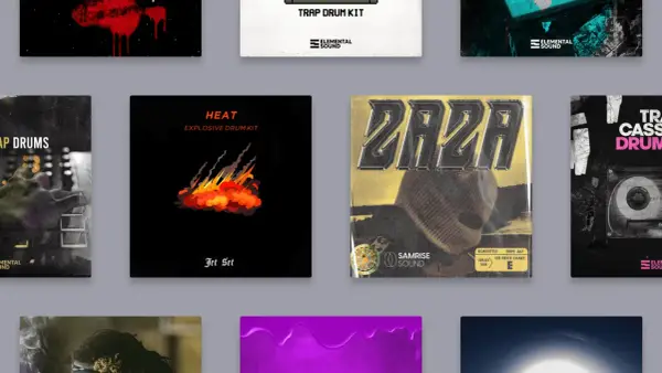 Płonący płomień na czarnym tle, obok napis "HEAT EXPLOSIVE DRUM KIT". To idealny trap drum kit dla każdego producenta.