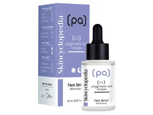 Serum z kwasem poliglutaminowym Skincyclopedia dla nawilżonej, miękkiej i promiennej skóry.