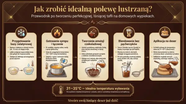 Instrukcja krok po kroku, jak przygotować idealną polewę lustrzaną z żelatyną. Proces obejmuje gotowanie syropu, tworzenie emulsji czekoladowej i blendowanie.