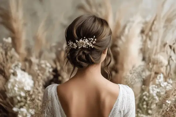 Elegante peinado de novia con un recogido bajo adornado con delicadas flores blancas. El vestido de encaje y el fondo de pampas completan el look nupcial.