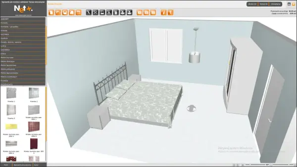 Program do projektowania wnętrz w widoku 3D. Widok sypialni z łóżkiem, szafą i oknem. Możliwość wyboru elementów wyposażenia.