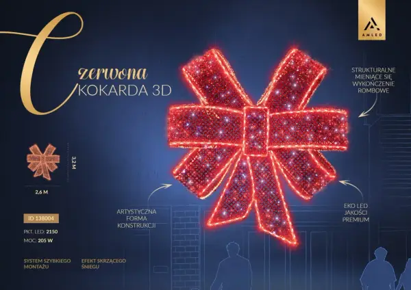 Efektowna, czerwona kokardka 3D z migoczącymi diodami LED, idealna do świątecznych dekoracji.