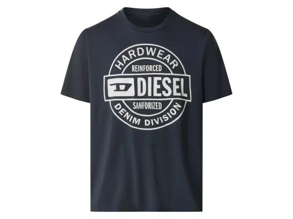 Granatowy T-shirt męski Diesel z białym okrągłym nadrukiem "HARDWEAR REINFORCED DIESEL SANFORIZED DENIM DIVISION".
