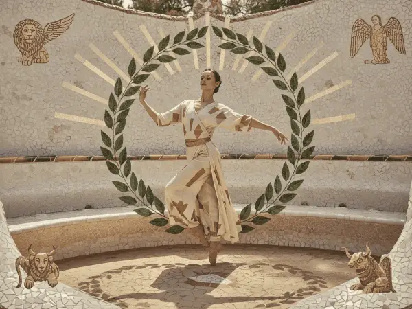 Danza de templanza y juicio, como en el tarot. Una bailarina en un círculo de laurel, rodeada de símbolos celestiales y animales.