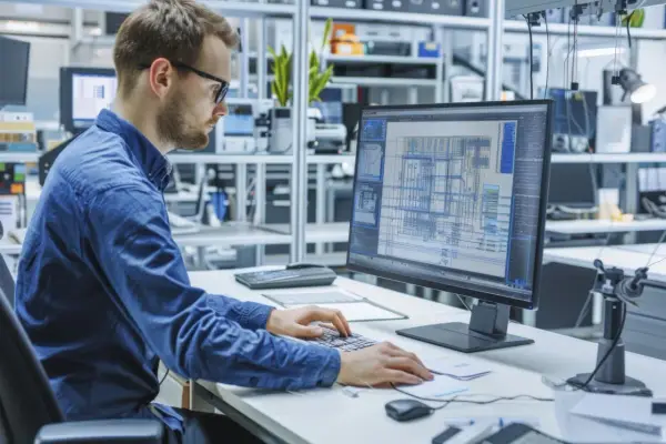 Un disegnatore CAD lavora al computer, creando schemi complessi.