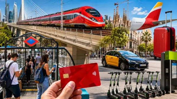 Vielfalt des Reisens in Spanien: Zug, Flugzeug, Taxi, E-Scooter und Metro. Mit einer Kreditkarte alles einfach bezahlen.