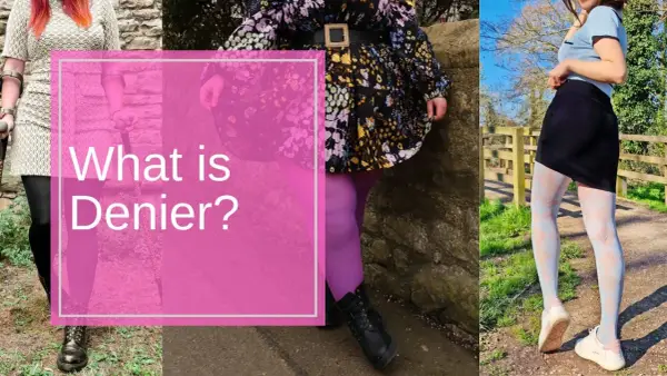 Drei Frauen in bunten Strumpfhosen und Kleidern. Die Frage "What is Denier?" wird gestellt, um die Bedeutung von Denier zu erklären.