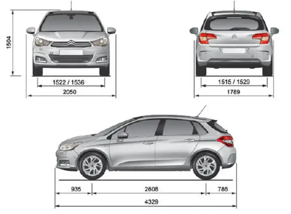 Schemat Citroen C4 z wymiarami: wysokość 1504 mm, szerokość przód 2050 mm, tył 1789 mm, długość 4329 mm.