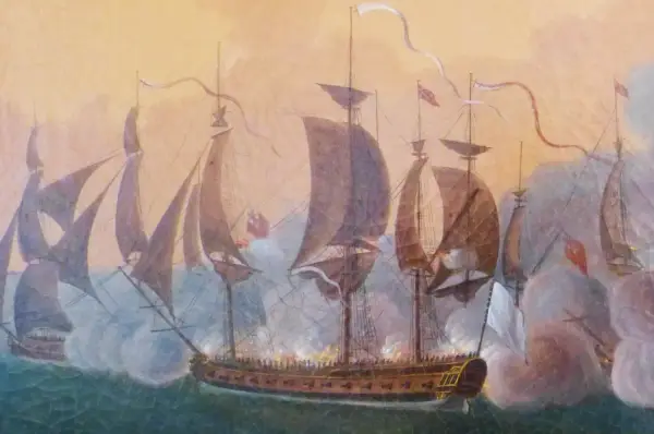 Bataille navale animée, l'Hermione bateau au centre, entouré de fumée et de canons crachant le feu.