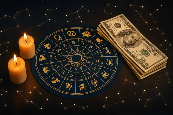 Zodiakalny krąg i banknoty dolarów sugerują horoskop finansowy dzienny. Dwie świece dodają tajemniczości.