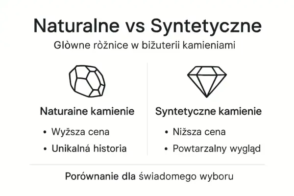 Porównanie naturalnych i syntetycznych kamieni: wyższa cena i unikalna historia vs niższa cena i powtarzalny wygląd.