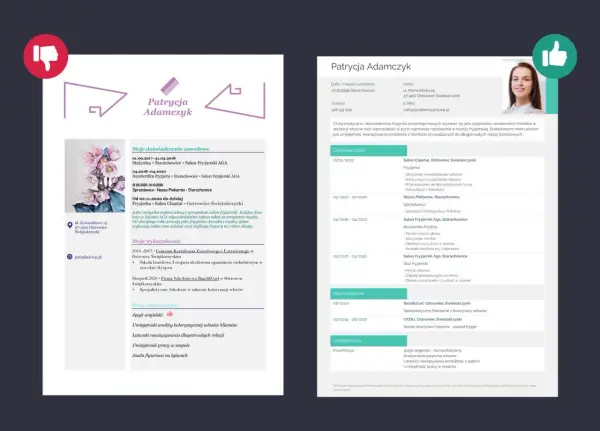 CV fryzjer wzór: Patrycja Adamczyk, doświadczona fryzjerka, poszukuje nowych wyzwań. Umiejętności: strzyżenie, koloryzacja, stylizacja.