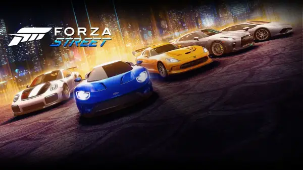 Pięć sportowych samochodów, w tym niebieski Ford GT i żółty Dodge Viper, gotowych do wyścigu w grze Forza Street.