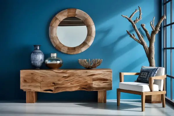 Console en bois brut, miroir rond, vases et fauteuil blanc. Une branche d'arbre sec ajoute une touche naturelle, une belle idée bois flotté.