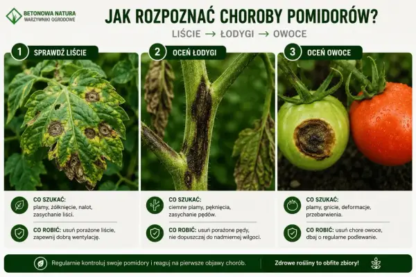 Objawy chorób pomidorów: plamy na liściach, ciemne zmiany na łodygach i gnijące owoce. Szybka reakcja zapobiega rozprzestrzenianiu się chorób.
